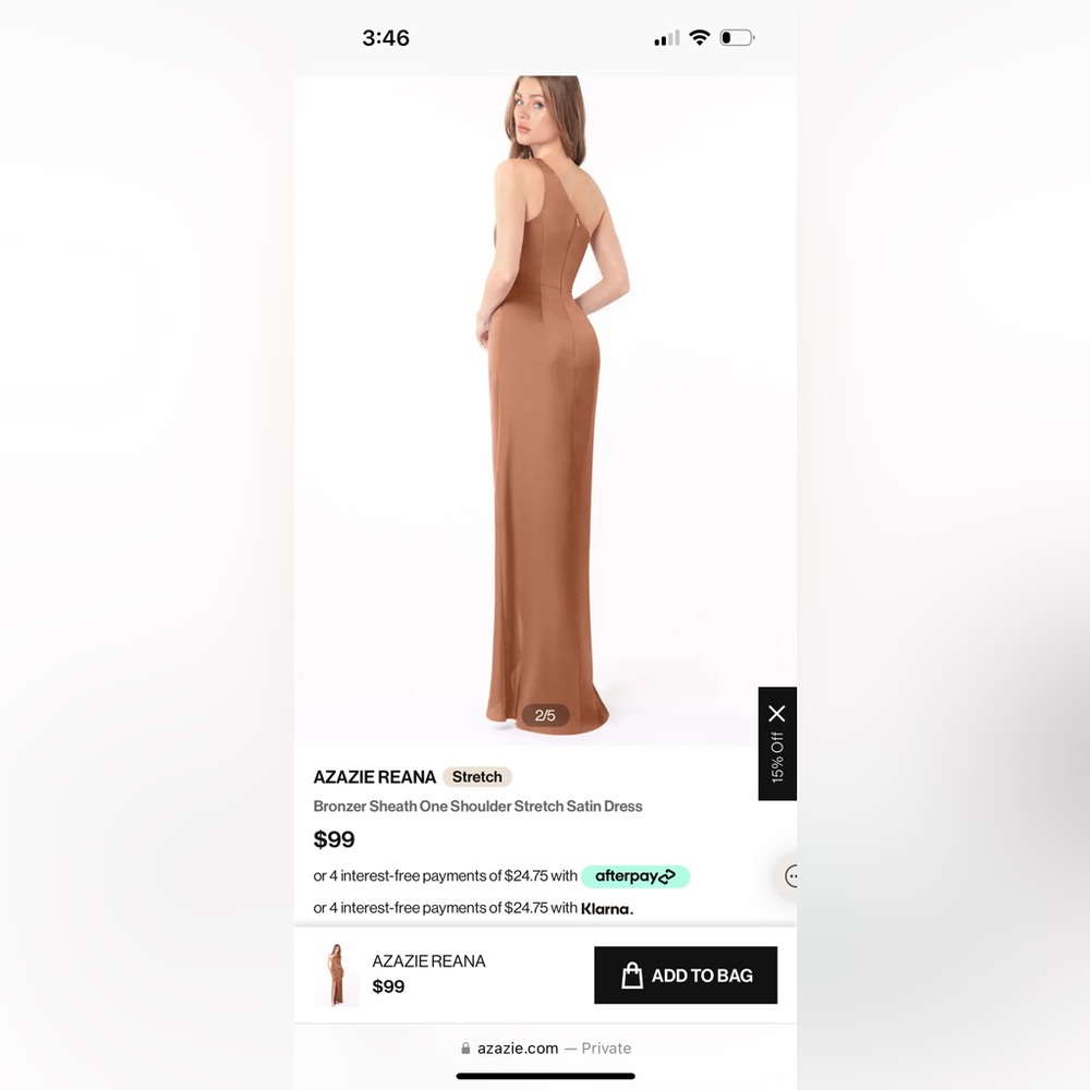 Azazie One Shoulder Keyhole Stretch Satin Column Dress 
Color: Bronzer
Size: A8 - Picture 3 of 3